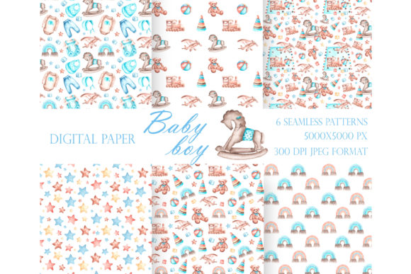 Baby Seamless Pattern. Nursery, Child. Watercolor Digital Paper for Baby Boy