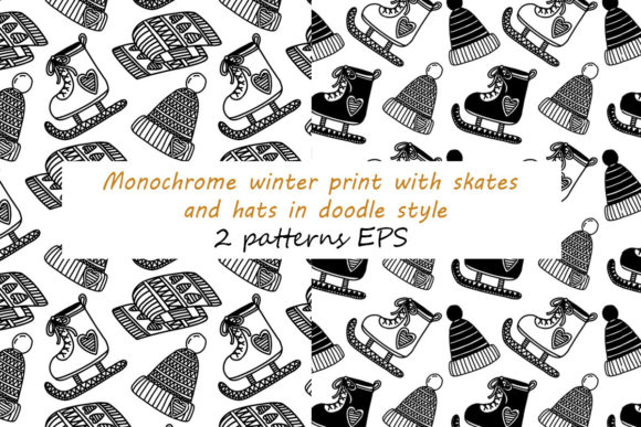 Monochrome Winter Print with Skates: A Doodle-Style Design for Creative Professionals